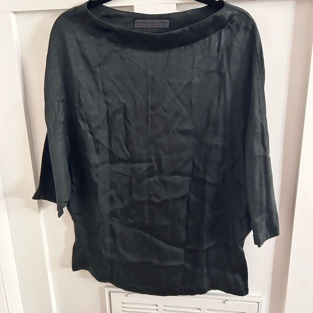 ANIKA LENA SKARSTROM PARIS black silk boatneck top winged sleeves top blouse